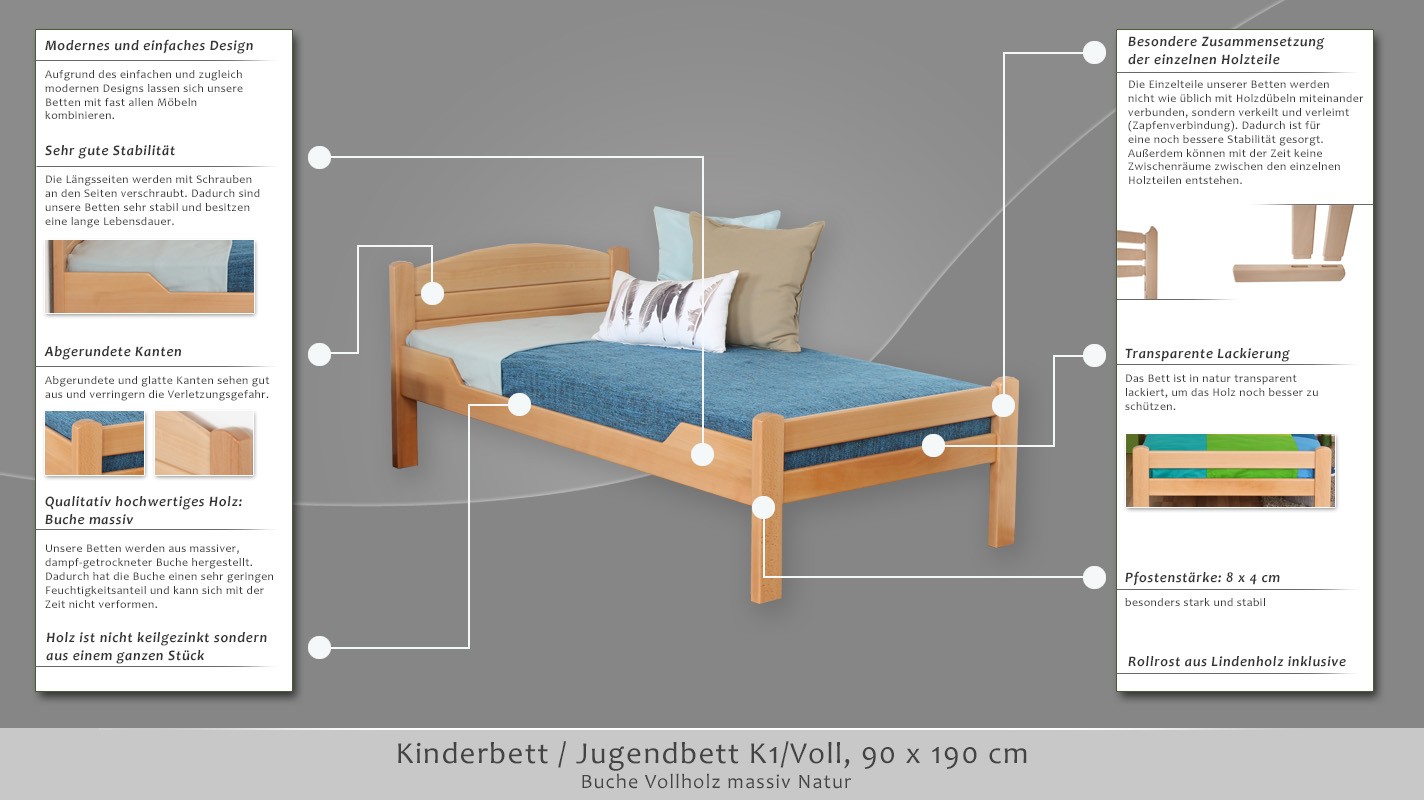 lit d'enfant / lit d'adoléscent Easy Premium Line K1/2n, en hêtre massif  verni brun