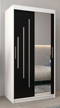 Armoire à portes coulissantes / Penderie avec miroir Tomlis 01B, Couleur : Blanc mat / Noir - Dimensions : 200 x 100 x 62 cm (h x l x p)