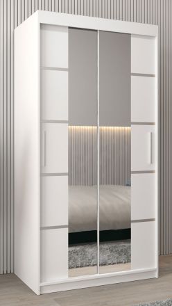 Armoire à portes coulissantes / Penderie Jan 01D avec miroir, Couleur : Blanc mat - Dimensions : 200 x 100 x 62 cm (H x L x P)