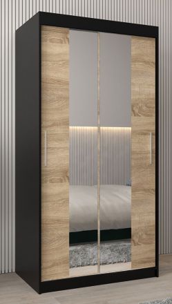 Armoire à portes coulissantes / Penderie Bisaurin 1B avec miroir, Couleur : Noir / Chêne de Sonoma - Dimensions : 200 x 100 x 62 cm ( H x L x P)