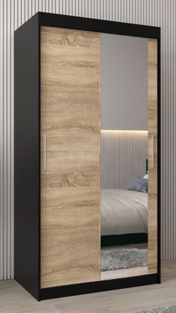 Armoire à portes coulissantes / Penderie Bisaurin 1C avec miroir, Couleur : Noir / Chêne de Sonoma - Dimensions : 200 x 100 x 62 cm ( H x L x P)