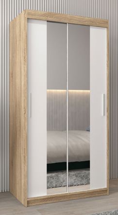 Armoire à portes coulissantes / Penderie Bisaurin 1B avec miroir, Couleur : Chêne de Sonoma / Blanc mat - Dimensions : 200 x 100 x 62 cm ( H x L x P)