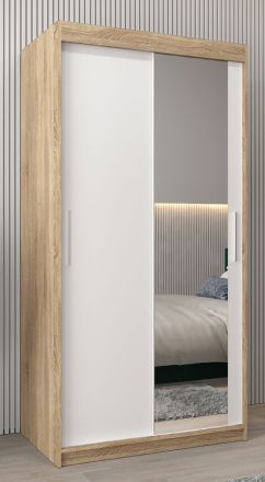 Armoire à portes coulissantes / Penderie Bisaurin 1C avec miroir, Couleur : Chêne de Sonoma / Blanc mat - Dimensions : 200 x 100 x 62 cm ( H x L x P)