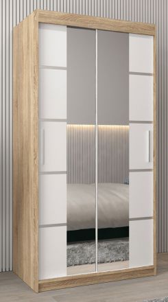 Armoire à portes coulissantes / Penderie Jan 01D avec miroir, Couleur : Chêne de Sonoma / Blanc mat - Dimensions : 200 x 100 x 62 cm (H x L x P)
