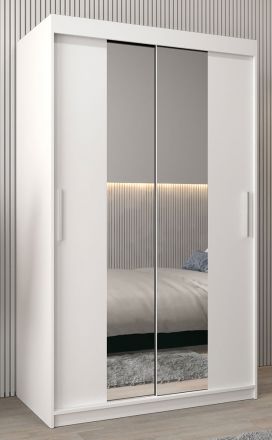 Armoire à portes coulissantes / Penderie Bisaurin 2B avec miroir, Couleur : Blanc mat - Dimensions : 200 x 120 x 62 cm ( H x L x P)