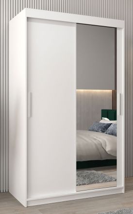 Armoire à portes coulissantes / Penderie Bisaurin 2C avec miroir, Couleur : Blanc mat - Dimensions : 200 x 120 x 62 cm ( H x L x P)