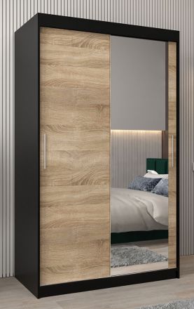 Armoire à portes coulissantes / Penderie Bisaurin 2C avec miroir, Couleur : Noir / Chêne de Sonoma - Dimensions : 200 x 120 x 62 cm ( H x L x P)