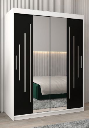 Armoire à portes coulissantes / Armoire avec miroir Tomlis 03A, Couleur : Blanc mat / Noir - Dimensions : 200 x 150 x 62 cm (h x l x p)
