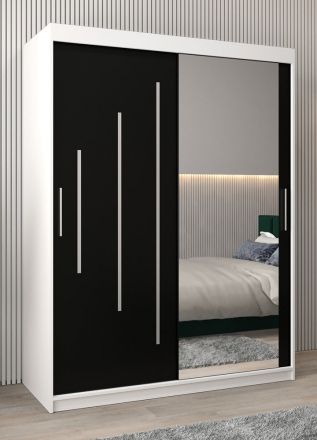 Armoire à portes coulissantes / Penderie avec miroir Tomlis 03B, Couleur : Blanc mat / Noir - Dimensions : 200 x 150 x 62 cm (h x l x p)