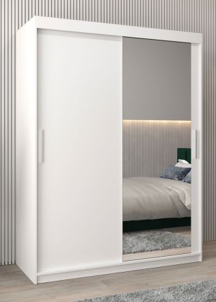 Armoire à portes coulissantes / Penderie Bisaurin 3C avec miroir, Couleur : Blanc mat - Dimensions : 200 x 150 x 62 cm ( H x L x P)