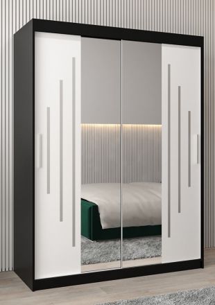 Armoire à portes coulissantes / Penderie avec miroir Tomlis 03A, Couleur : Noir / Blanc mat - Dimensions : 200 x 150 x 62 cm (h x l x p)