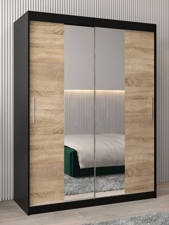 Armoire à portes coulissantes / Penderie Bisaurin 3B avec miroir, Couleur : Noir / Chêne de Sonoma - Dimensions : 200 x 150 x 62 cm ( H x L x P)