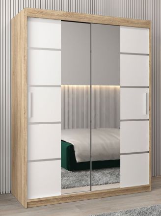 Armoire à portes coulissantes / Penderie Jan 03D avec miroir, Couleur : Chêne de Sonoma / Blanc mat - Dimensions : 200 x 150 x 62 cm (H x L x P)