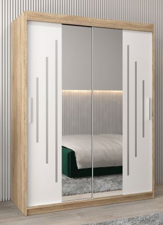 Armoire à portes coulissantes / Armoire avec miroir Tomlis 03A, Couleur : Chêne de Sonoma / Blanc mat - Dimensions : 200 x 150 x 62 cm (H x L x P)