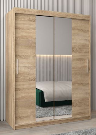 Armoire à portes coulissantes / Penderie Bisaurin 3B avec miroir, Couleur : Chêne de Sonoma - Dimensions : 200 x 150 x 62 cm ( H x L x P)