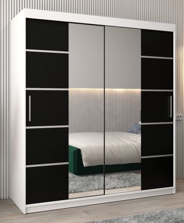 Armoire à portes coulissantes / Penderie Jan 04D avec miroir, Couleur : Blanc mat / Noir - Dimensions : 200 x 180 x 62 cm (H x L x P)