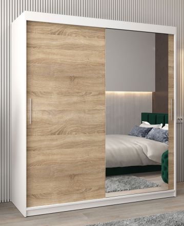 Armoire à portes coulissantes / Penderie Bisaurin 4C avec miroir, Couleur : Blanc mat / Chêne de Sonoma - Dimensions : 200 x 180 x 62 cm ( H x L x P)