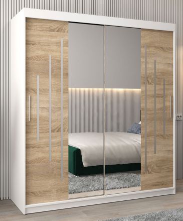 Armoire à portes coulissantes / Penderie avec miroir Tomlis 04A, Couleur : Blanc mat / Chêne de Sonoma - Dimensions : 200 x 180 x 62 cm (H x L x P)