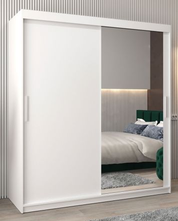 Armoire à portes coulissantes / Penderie Bisaurin 4C avec miroir, Couleur : Blanc mat - Dimensions : 200 x 180 x 62 cm ( H x L x P)