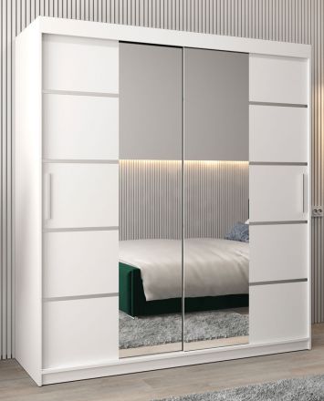 Armoire à portes coulissantes / Penderie Jan 04D avec miroir, Couleur : Blanc mat - Dimensions : 200 x 180 x 62 cm (H x L x P)