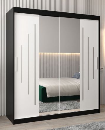 Armoire à portes coulissantes / Penderie avec miroir Tomlis 04A, Couleur : Noir / Blanc mat - Dimensions : 200 x 180 x 62 cm (h x l x p)