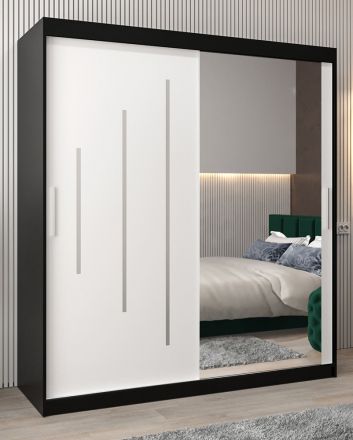 Armoire à portes coulissantes / Penderie avec miroir Tomlis 04B, Couleur : noir / blanc mat - Dimensions : 200 x 180 x 62 cm (h x l x p)