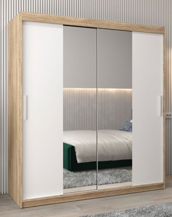 Armoire à portes coulissantes / Penderie Bisaurin 4B avec miroir, Couleur : Chêne de Sonoma / Blanc mat - Dimensions : 200 x 180 x 62 cm ( H x L x P)