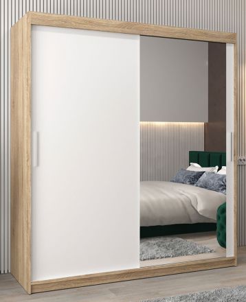 Armoire à portes coulissantes / Penderie Bisaurin 4C avec miroir, Couleur : Chêne de Sonoma / Blanc mat - Dimensions : 200 x 180 x 62 cm ( H x L x P)
