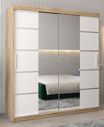 Armoire à portes coulissantes / Penderie Jan 04D avec miroir, Couleur : Chêne de Sonoma / Blanc mat - Dimensions : 200 x 180 x 62 cm (H x L x P)