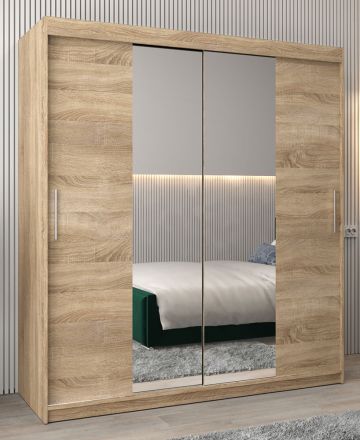 Armoire à portes coulissantes / Penderie Bisaurin 4B avec miroir, Couleur : Chêne de Sonoma - Dimensions : 200 x 180 x 62 cm ( H x L x P)