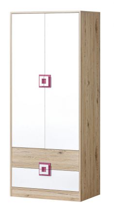 Chambre d'enfant - armoire à portes battantes / armoire Fabian 01, couleur : chêne brun clair / blanc / rose - 190 x 80 x 50 cm (H x L x P)