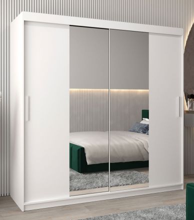 Armoire à portes coulissantes / Penderie Bisaurin 5B avec miroir, Couleur : Blanc mat - Dimensions : 200 x 200 x 62 cm ( H x L x P)