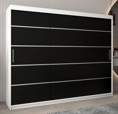Armoire à portes coulissantes / Penderie Jan 06A, Couleur : blanc mat / noir - Dimensions : 200 x 250 x 62 cm ( h x l x p)