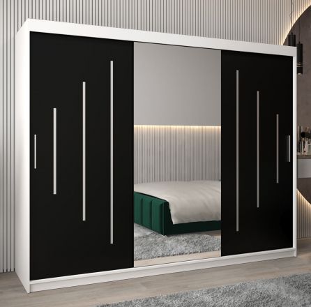 Armoire à portes coulissantes / Penderie avec miroir Tomlis 06A, Couleur : blanc mat / noir - Dimensions : 200 x 250 x 62 cm (h x l x p)