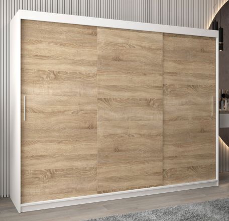 Armoire à portes coulissantes / Penderie Bisaurin 6A, Couleur : Blanc mat / Chêne de Sonoma - Dimensions : 200 x 250 x 62 cm ( H x L x P)