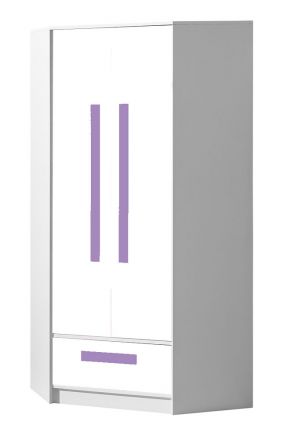 Chambre d'enfant - Armoire à portes battantes / armoire d'angle Walter 02, couleur : blanc brillant / violet - 191 x 87 x 87 cm (H x L x P)