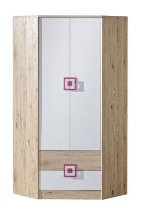 Chambre d'enfant - armoire à portes battantes / armoire d'angle Fabian 02, couleur : chêne brun clair / blanc / rose - 190 x 87 x 87 cm (H x L x P)