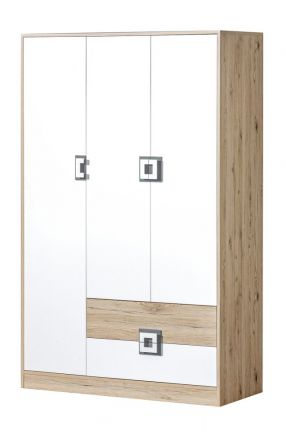 Chambre d'enfant - armoire à portes battantes / armoire Fabian 03, couleur : chêne brun clair / blanc / gris - 190 x 120 x 50 cm (h x l x p)