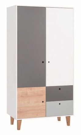 Chambre d'adolescents - armoire à portes battantes / armoire Syrina 04, couleur : blanc / gris / chêne - Dimensions : 202 x 104 x 55 cm (h x l x p)