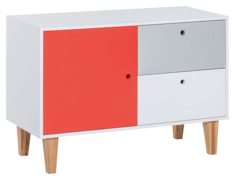 Chambre d'adolescents - commode Syrina 16, couleur : blanc / gris / rouge - Dimensions : 72 x 103 x 45 cm (h x l x p)