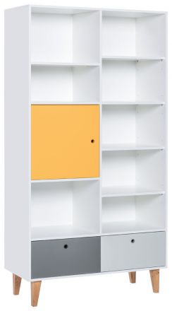 Chambre d'adolescents - étagère Syrina 15, couleur : blanc / gris / jaune - Dimensions : 202 x 105 x 45 cm (h x l x p)