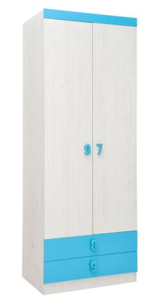 Chambre d'enfant - armoire à portes battantes / armoire Luis 19, couleur : chêne blanc / bleu - 218 x 80 x 52 cm (H x L x P)