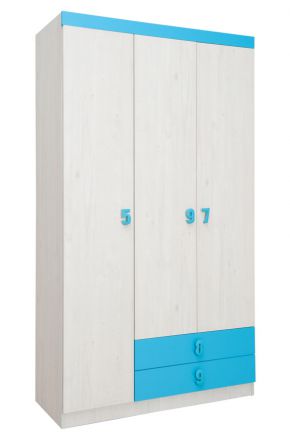 Chambre d'enfant - armoire à portes battantes / armoire Luis 21, couleur : chêne blanc / bleu - 218 x 120 x 52 cm (H x L x P)