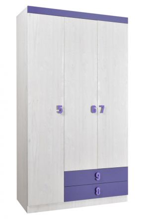 Chambre d'enfant - armoire à portes battantes / armoire Luis 21, couleur : chêne blanc / violet - 218 x 120 x 52 cm (H x L x P)