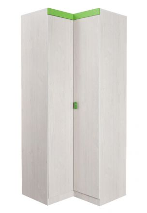 Chambre d'enfant - armoire à portes battantes / armoire d'angle Luis 22, couleur : blanc chêne / vert - 218 x 91/93 x 52 cm (H x L x P)