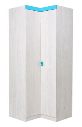 Chambre d'enfant - armoire à portes battantes / armoire d'angle Luis 22, couleur : blanc chêne / bleu - 218 x 91/93 x 52 cm (H x L x P)