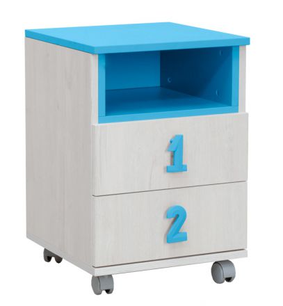 Chambre d'enfant - piédestal mobile Luis 23, couleur : chêne blanc / bleu - 60 x 40 x 42 cm (H x L x P)