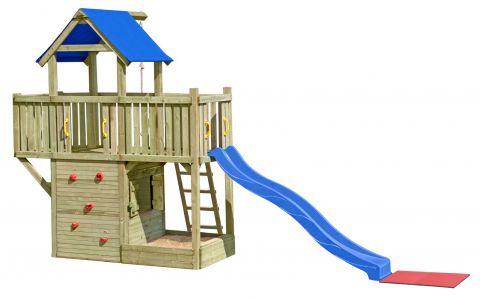Tour de jeux K41 avec balcon, élément annexe, bac à sable, espace de rangement et toboggan ondulé - Dimensions : 620 x 185 cm (L x l)
