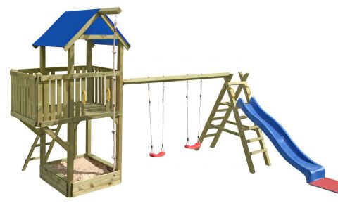 Tour de jeux K27 avec balcon, bac à sable, toboggan ondulé et balançoire double - Dimensions : 550 x 515 cm (L x l)