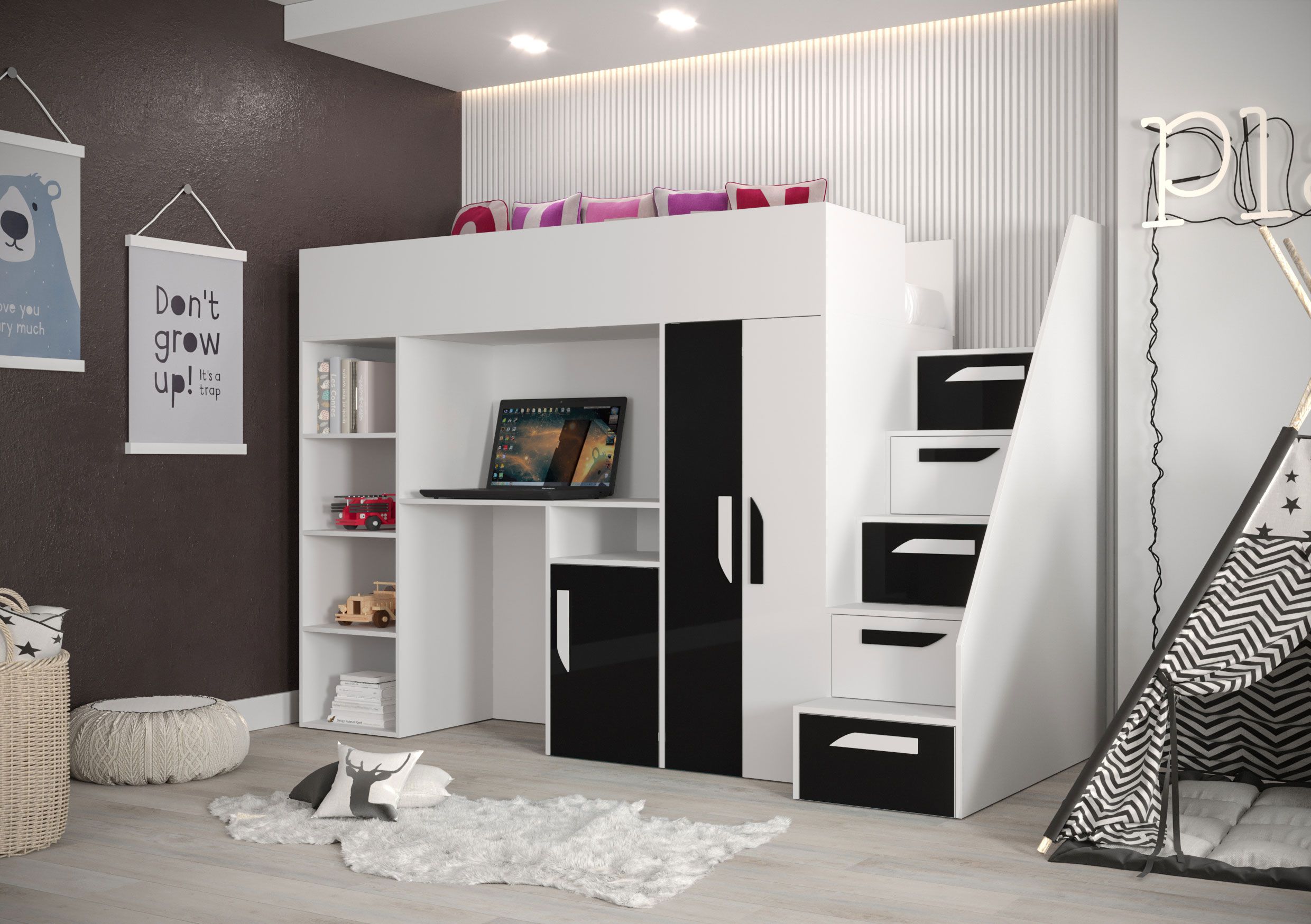 Lit fonctionnel / lit d'enfant / lit surélevé combiné avec espace de rangement et bureau Jura 18, Couleur : blanc / noir - Dimensions : 165 x 247 x 120 cm (H x L x P)